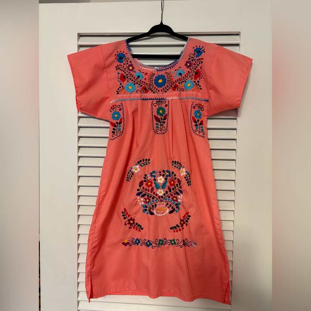 Embroidered Mexican Coral Kids Dress